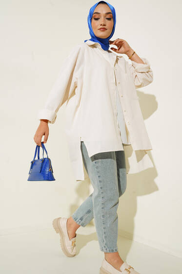 Arkası Uzun Yırtmaçlı Gömlek Bej - Gömlek