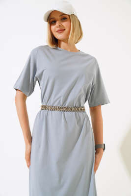 Arkası Yırtmaçlı Kısa Kol Elbise Gri - Kadın Giyim Modelleri