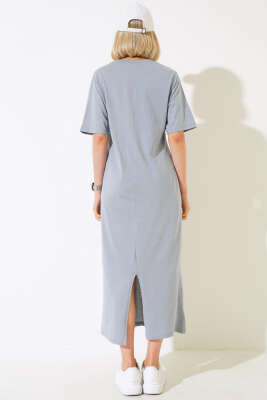 Arkası Yırtmaçlı Kısa Kol Elbise Gri - Kadın Giyim Modelleri