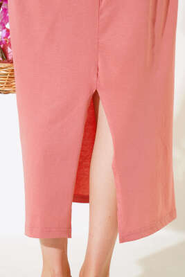 Arkası Yırtmaçlı Kısa Kol Elbise Gül Kurusu - Kadın Giyim Modelleri