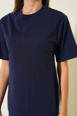 Arkası Yırtmaçlı Kısa Kol Elbise Lacivert - Kadın Giyim Modelleri