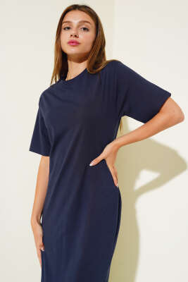 Arkası Yırtmaçlı Kısa Kol Elbise Lacivert - Kadın Giyim Modelleri