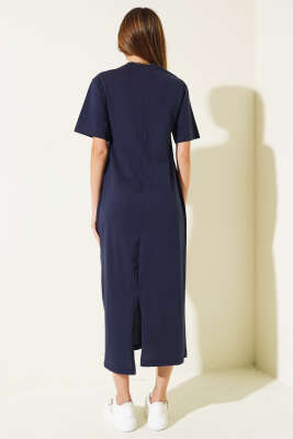 Arkası Yırtmaçlı Kısa Kol Elbise Lacivert - Kadın Giyim Modelleri