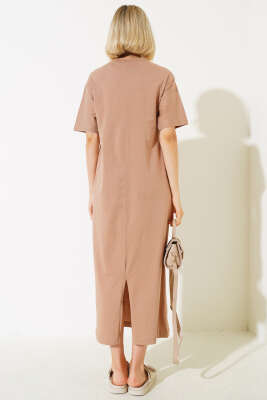 Arkası Yırtmaçlı Kısa Kol Elbise Latte - Kadın Giyim Modelleri