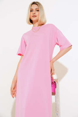 Arkası Yırtmaçlı Kısa Kol Elbise Pembe - Kadın Giyim Modelleri