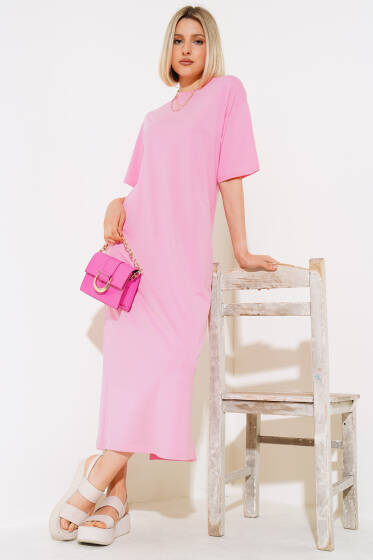 Arkası Yırtmaçlı Kısa Kol Elbise Pembe - Yeni Giyim