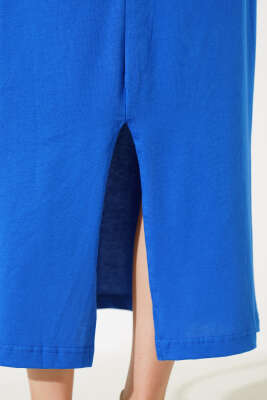 Arkası Yırtmaçlı Kısa Kol Elbise Saks - Kadın Giyim Modelleri