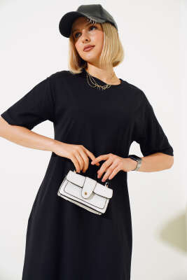 Arkası Yırtmaçlı Kısa Kol Elbise Siyah - Kadın Giyim Modelleri