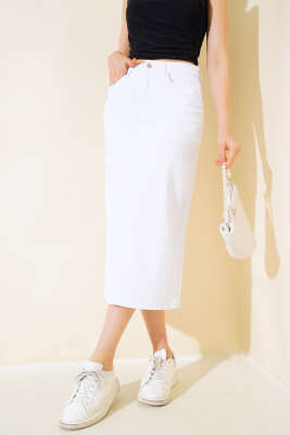 Arkası Yırtmaçlı Kot Etek Beyaz - Kadın Giyim Modelleri