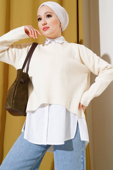 Arkası Zincirli Triko Kazak Bej - Triko Kazak