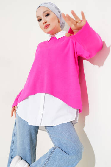 Arkası Zincirli Triko Kazak Fuşya - Triko Kazak