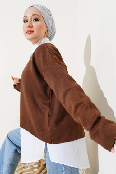 Arkası Zincirli Triko Kazak Kahve - Triko Kazak