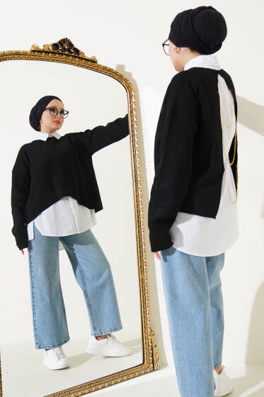 Arkası Zincirli Triko Kazak Siyah - Triko Kazak