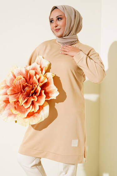 Arma Detay Büyük Beden Uzun Tunik Bej - Tunik