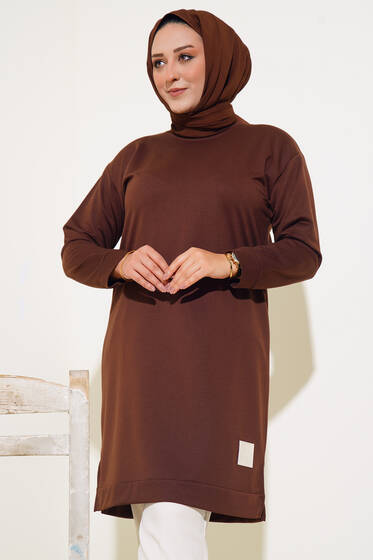 Arma Detay Büyük Beden Uzun Tunik Kahve - Tunik