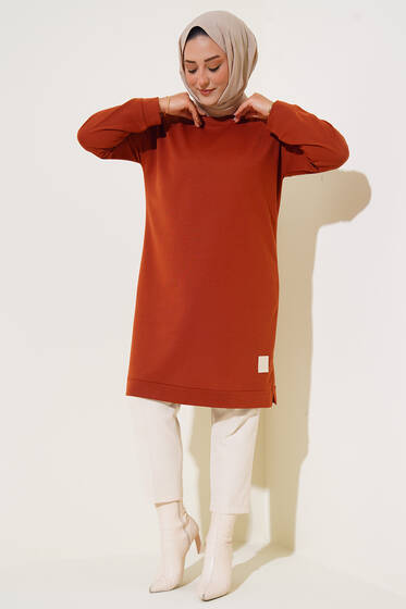 Arma Detay Büyük Beden Uzun Tunik Kiremit - Tunik