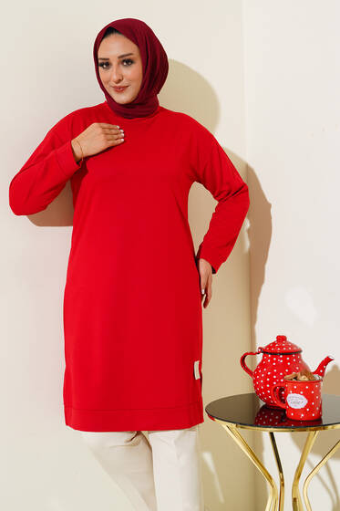 Arma Detay Büyük Beden Uzun Tunik Kırmızı - Tunik