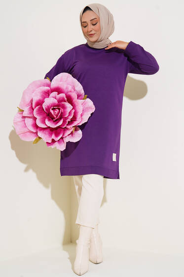 Arma Detay Büyük Beden Uzun Tunik Mor - Tunik