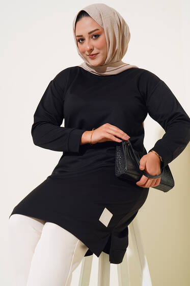 Arma Detay Büyük Beden Uzun Tunik Siyah - Tunik
