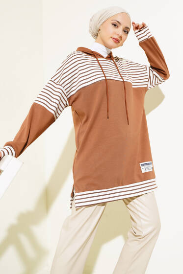 Arma Detaylı Çizgi Garnili Tunik Kahve - Tunik