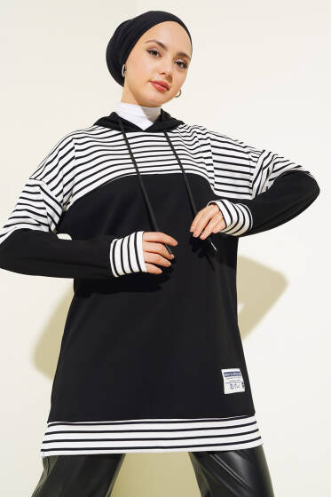 Arma Detaylı Çizgi Garnili Tunik Siyah - Tunik