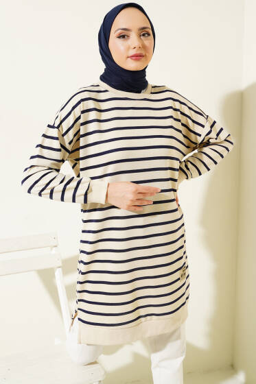 Arma Detaylı Çizgili Tunik Lacivert - Tunik