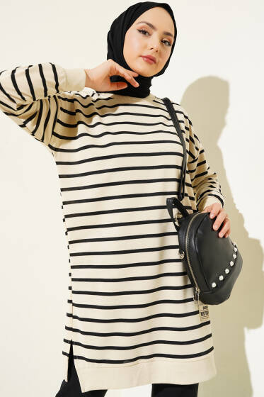 Arma Detaylı Çizgili Tunik Siyah - Tunik