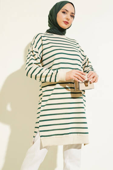 Arma Detaylı Çizgili Tunik Zümrüt - Tunik
