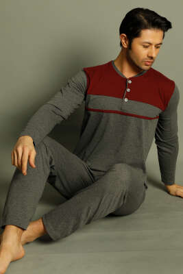 Arma Detaylı Düğme Uzun Kol Erkek Pijama Takımı Füme Bordo - GLİSA