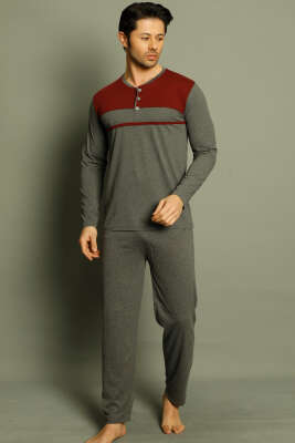 Arma Detaylı Düğme Uzun Kol Erkek Pijama Takımı Füme Bordo - Kadın Pijama Takımı