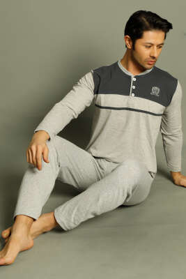 Arma Detaylı Düğme Uzun Kol Erkek Pijama Takımı Gri Lacivert 