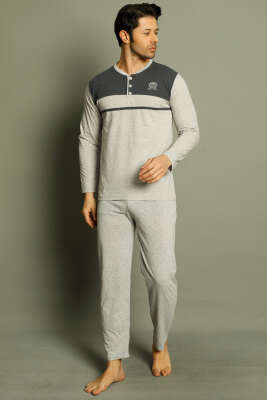 Arma Detaylı Düğme Uzun Kol Erkek Pijama Takımı Gri Lacivert - Kadın Pijama Takımı