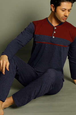 Arma Detaylı Düğme Uzun Kol Erkek Pijama Takımı Lacivert Bordo - Kadın Pijama Takımı