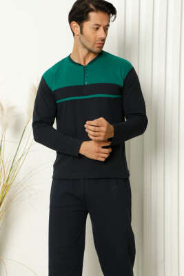 Arma Detaylı Düğme Uzun Kol Erkek Pijama Takımı Lacivert Yeşil - Kadın Pijama Takımı