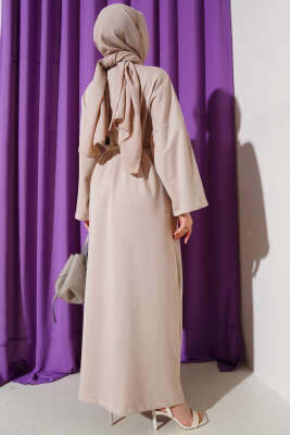 Arma Detaylı Kuşaklı Basic Elbise Bej - Tesettür Elbise