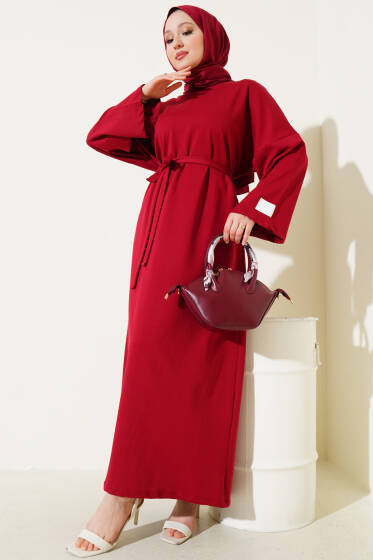 Arma Detaylı Kuşaklı Basic Elbise Bordo - Elbise