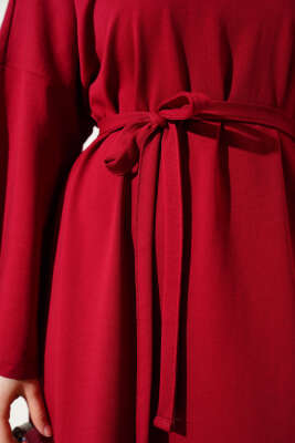 Arma Detaylı Kuşaklı Basic Elbise Bordo - Tesettür Elbise