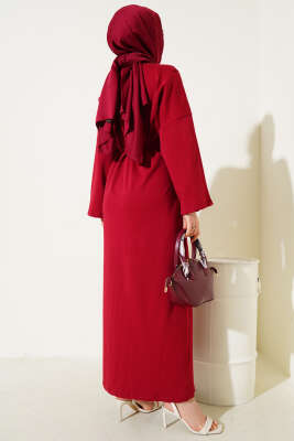 Arma Detaylı Kuşaklı Basic Elbise Bordo - Tesettür Elbise