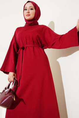 Arma Detaylı Kuşaklı Basic Elbise Bordo - Tesettür Elbise