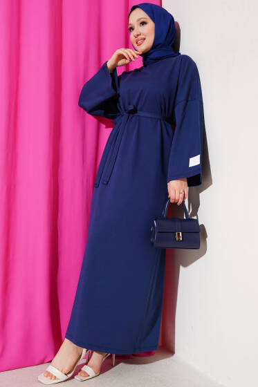 Arma Detaylı Kuşaklı Basic Elbise Lacivert - Elbise