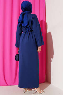 Arma Detaylı Kuşaklı Basic Elbise Lacivert - Tesettür Elbise