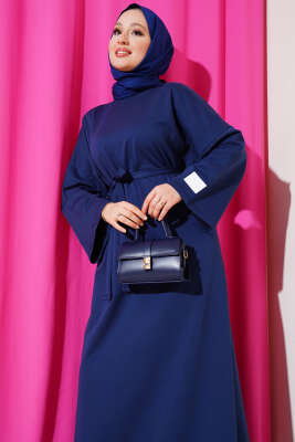 Arma Detaylı Kuşaklı Basic Elbise Lacivert - Tesettür Elbise