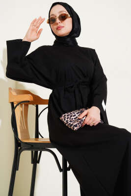 Arma Detaylı Kuşaklı Basic Elbise Siyah - Tesettür Elbise