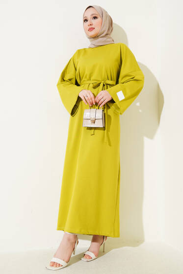 Arma Detaylı Kuşaklı Basic Elbise Yağ Yeşili - Elbise