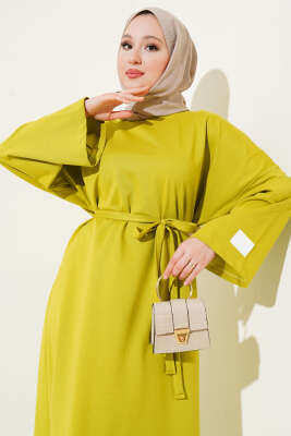 Arma Detaylı Kuşaklı Basic Elbise Yağ Yeşili - Tesettür Elbise