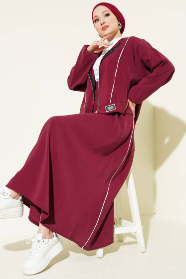 Arma Detaylı Şeritli Modal Etekli Takım Bordo - İkili Takım