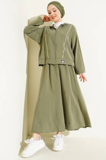 Arma Detaylı Şeritli Modal Etekli Takım Çağla Yeşili - İkili Takım