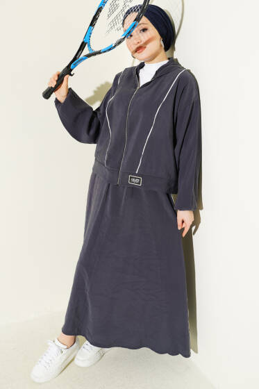 Arma Detaylı Şeritli Modal Etekli Takım Füme - İkili Takım