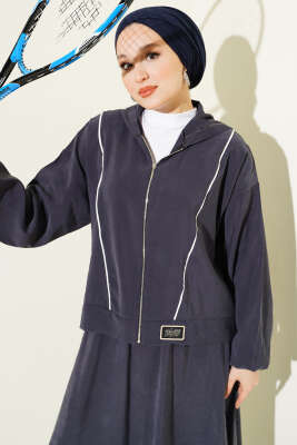 Arma Detaylı Şeritli Modal Etekli Takım Füme - İkili Takım