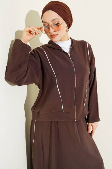 Arma Detaylı Şeritli Modal Etekli Takım Kahve - İkili Takım